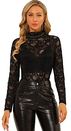 Allegra K Damen Langarm Durchsichtig Spitze Oberteil Stehkragen Mesh Blumen Lace Hochgeschlossene Top Bluse