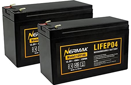 Nermak 2 Pack 12V 10Ah Lithium Ion LiFePO4 Deep Cycle Battery, 2000+ Cycles Rechargeable Battery for Solar/Wind Power, Scooters, Lighting, Power Wheels, Fish Finder Built-in 10A BMS