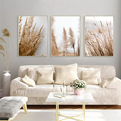 SWECOMZE 3er Moderne Poster Set - Pampas Gras Schilf Beige Natur - Wandbilder Wohnzimmer Deko Schlafzimmer - ohne Rahmen (Stil B,40 x 50 cm)