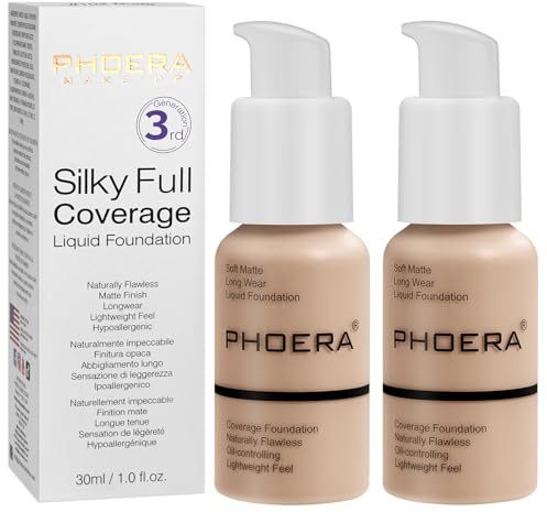 PHOERA Foundation,PHOERA Grundierung Makeup Concealer Full Coverage, Anti Aging Hydrating Serum with matte Natural lightweight Finish (2pcs- 102- Nude)
