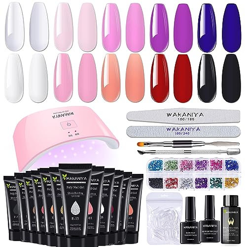 Poly Gel Set mit UV Lampe, 10 Farben Schnell Nagelverlängerungs Gelnagel Poly Gel Starter Set Komplett mit Strass, 100PCS Tips für Nageldesign, Klar Weiß Rosa Lila Blau