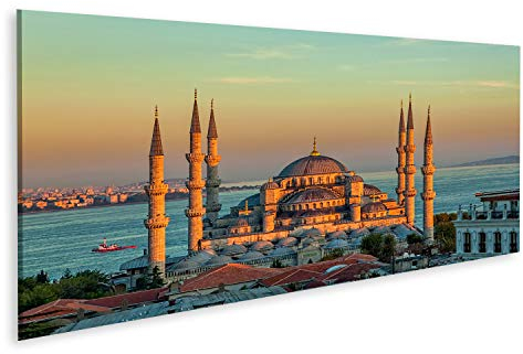 Bild auf Leinwand Blaue Moschee In Glorius Sonnenuntergang Istanbul Sultanahmet Park Die Größte Moschee In Istanbul Von Sultan Ahmed (Osmanisches Reich) 120x 40cm - Wandbild Poster Kunstdruck Bilder