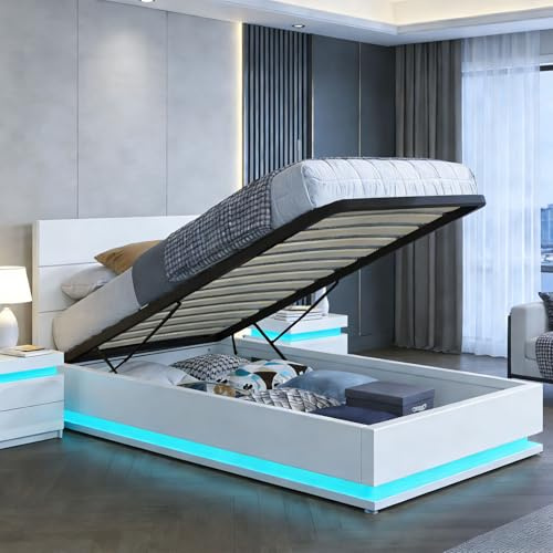 BESTWANTED Gas Lift Ottoman Storage Bed,3FT Single Bed Frame with Storage, Ottoman Bed with LED Lights, Faux Leather, Black (White, Single)