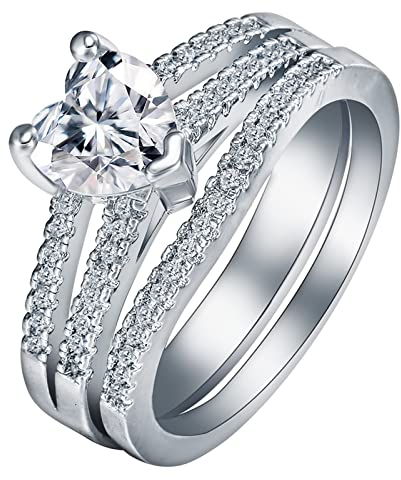 Engagement Ring, Art Deco Schmuck Damen Herzform mit Weißem Zirkonia Silber Größe 60 (19.1)
