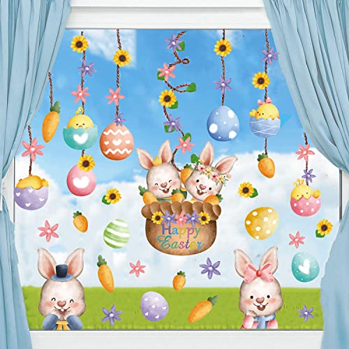 HPNIUB Fensterbilder Ostern,Fensterbild Ostern Selbstklebend mit Häscheneier Frühling,Osterfenster Klammert Sich an Aufkleber Hase Ostereier,Fenster Dekoration für Schaufenster Decor