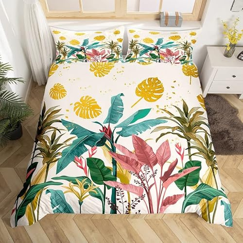 Palm Leaf Bedding Set Tropical LeavesDuvet Cover for Kids Teens Leaf Branches Comforter Cover Botanical Nature Theme Bedspread Cover Nature Bedroom Decor Quilt Cover 2Pcs Single Size