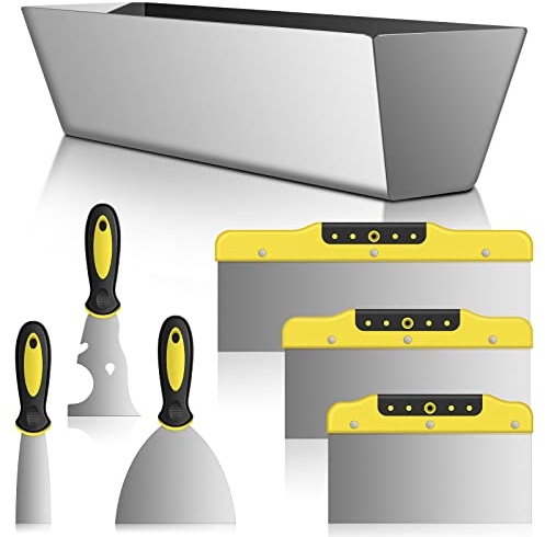 suokoun Wallpaper Scraper Set, 7 Pieces Stainless Steel Drywall Hand Tool Kit Includes Taping Putty Tool and 12 Mud Pan with Soft Grip Handle for Drywall Work