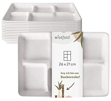 wisefood Bagasse Teller, 50 Stück 5-Fach tiefe Einwegteller rechteckig 26 x 21 cm, Zuckerrohr Tray weiß, Ideal als Partyteller oder Menüteller, Biologisch abbaubares Zuckerrohr Geschirr