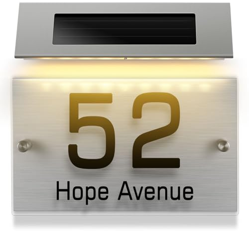 Angoily Solar Address Sign Lamp with 18 Led Lights, House Numbers for Outside，Dual Color White and Warm Light, Stainless Steel Doorplate for Home Decor