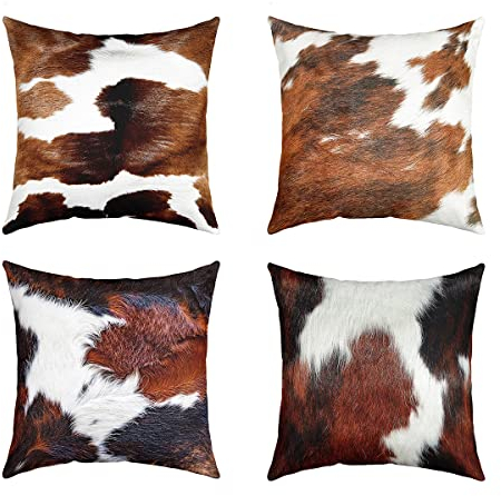 4er Set Kissenbezüge 40x40cm Kuhfell Gedruckt Kissenbezüge, Bauernhaus Kuhfell Quadrat Dekokissen für Couch Kissenhütte Western Bauernhof Tier Haut Braun Weiß Kissenbezug Sofakissen Couchkissen