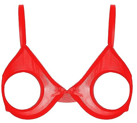 CHICTRY Womens Sheer Mesh Lingerie 1/4 Cups Open Front Underwired Push Up Bra Top Everyday Bras 2# Red 3XL