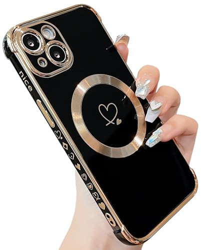 ZTOFERA Magnetische Hülle für iPhone 15, Kompatibel mit MagSafe Handyhülle Flexibel Weiche Silikon Schutzhülle mit Süßes Liebes Herz Muster Goldener Rand Stoßfest Cover, Schwarz