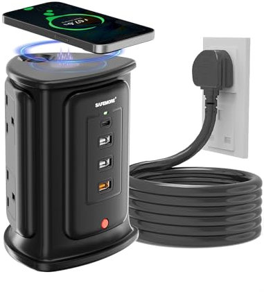 SAFEMORE Extension Lead Tower with 10W Wireless Charger 4 AC Outlets with 1 Type C PD 18W & 3 USB A (5V/3.1A) Charging Station 2M 1050J Power Strip Surge Protector for Home, Office, Dorm Accessories