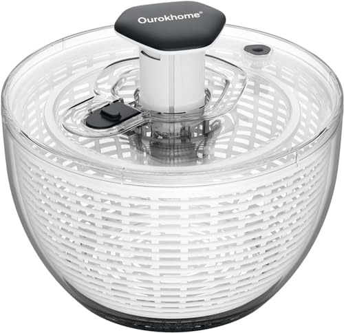 Ourokhome Salad Spinner Lettuce Dryer, One-Handed Easy Press Large Vegetable Dryer Salad Mixer with Comfortable and Retractable Pusher and Brake Button for Greens, Herbs, Berries, Fruits, 6.3 QT