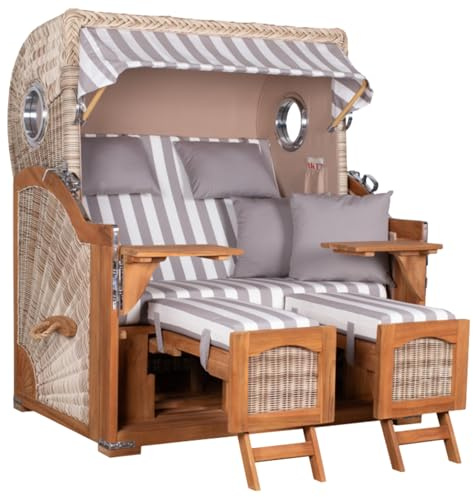 MR. DEKO® Strandkorb Düne Grande XL 2,5-Sitzer Teak | PE Geflecht Shell - Dessin 513 | Volllieger Strandstuhl mit Bullauge inkl. 2 Fußablagen | je 2 Kissen und Nackenkissen | Strandkörbe aus Teakholz