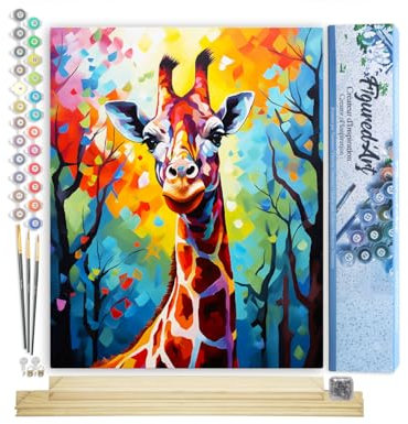 Figured'Art Peinture par Numéro Adulte avec Cadre Girafe Colorée Abstraite - Activité Manuelle Kit de Loisir Créatif DIY Numéro d'Art Complet Animaux - 40x50cm avec châssis en bois à monter