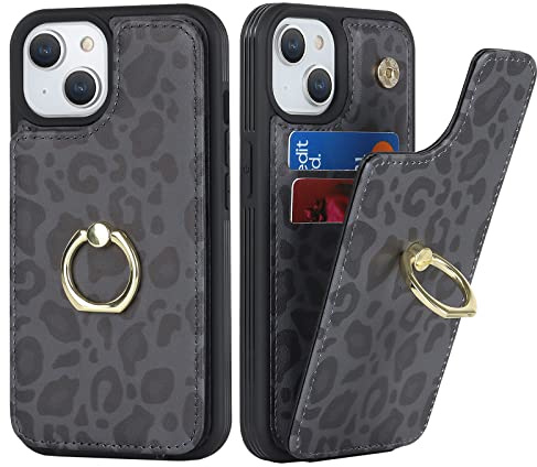 SailorTech für iPhone 15 Plus Handyhülle mit Kreditkartenhalter für Frauen, iPhone 15 Plus Hülle Ring-Ständer Kartenschlitze Standfunktion Modische Tasche für Männer - Schwarzer Leopard