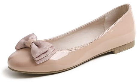 Feversole Women's Round Toe Cute Bow Trim Ballet Flats Dolly Shoes Nude Pink Paten 6 UK