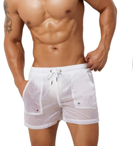 Bañador para Hombre con Forro de Malla Y Bolsillos Inclinados para Surf en La Playa,Natación,Deportes de Tabla Blanco S