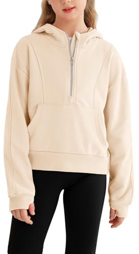 Uk Girls Half Zip Cropped Hoodie Pullover Sweatshirt with Pockets Thumb Hole Long Sleeve Hoodie