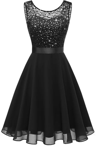 Berylove Cocktailkleid Damen Abendkleider Elegant für Hochzeit Kleid Hochzeitsgast Chiffon Ärmellos Spitzenkleid