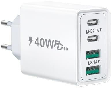 Chargeur USB C, 40 W 4 Ports Prise USB C Rapide, Double Port PD+QC Bloc Chargeur USB C, Multiple Type C Adaptateur Secteur pour iPhone 16 15 14 13 12 11 Pro Max téléphone Samsung Tablette