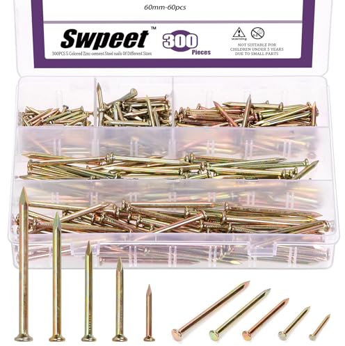 Swpeet 300Pcs 5 Größen 3/4 1-1/4 1-3/5 2 2-3/8 Farbige Zink Hardware Nägel Sortiment Kit, Stahlnagel, galvanisierte Nägel, kleine Nägel, Finishing Nägel, Wandnägel, Holznägel, Nägel für Beton
