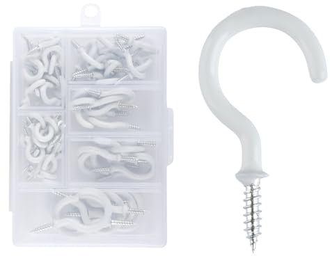 GroveEss Screw in Ceiling Hooks 70 Pcs Mug Cup Hooks Plastic Coated Ceiling Hook 6 Size Multipurpose Hook for Cabinet Shelf Kitchen Garden Hanging(White)