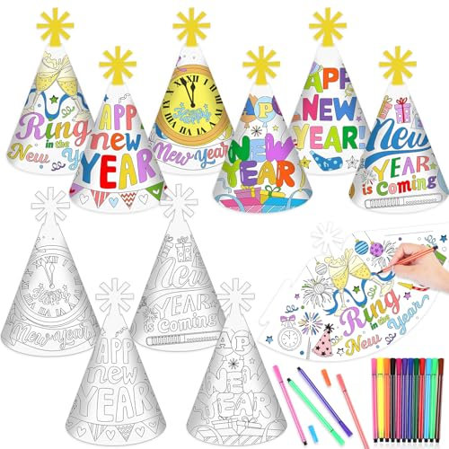 HOWAF Silvester Deko 2025 zum Ausmalen, 12 Silvester Partyhüte zum Ausmalen, Silvester Hüte Silvester Party Hüte, Ausmal Silvester Spiele für Kinder Silvester Accessoires, Happy New Year Deko 2025