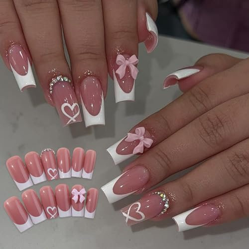 WhaleO Lot de 24 Faux Ongles Faux Ongles Gel Ongles a Coller Faux Ongles à Coller Faux Ongles Reutilisable Ongle Qui Se Colle Faux Ongles Nail Art Faux Ongles French Manucure - Noeud Rose