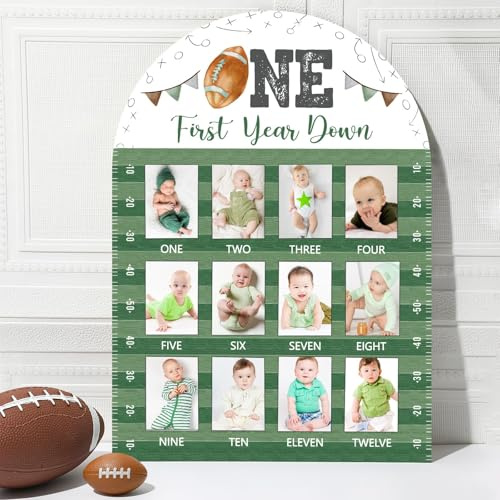 Fußball-Fototafel, 12 monatliche Meilenstein-Bilderrahmen, Sport-Banner für Jungen, Andenken, Geschenk (passend für 5,1 x 7,1 cm große Bilder)