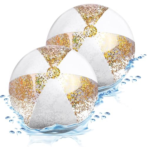 Ballon de Plage Gonflable, 2 PCS Glitter de Plage, Sequin Beach Balls, Confetti Beach Balls, Portable Ballon Gonflable Piscine, pour Été, Piscine, Fête (Blanc)