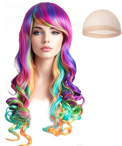 MUNSKT Frauen Regenbogen Perücke, Lolita langes Haar, Multi Farbverlauf Perücke, verträumte Haarfarben, Rollenspiel, Halloween, Karneval Thema