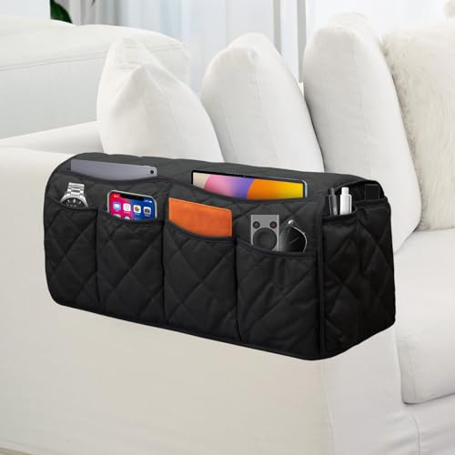 Sofa Organizer, Sofatablett Armlehne, Fernbedienungshalter Auf Couch & Stuhlarm, Sofa-Armlehne Hängende Aufbewahrungstasche für Schlafzimmer,Couch Organizer für Tasse,Telefon,Tablet,Snack (Schwarz)