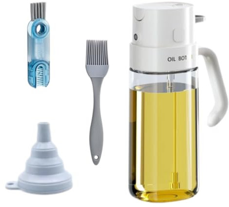 MAVISMOON TU ESTILO, TU REFLEJO Aceitera, pulverizador aceite spray 2en1, antigoteo, dosificador y difusor, utensilio de cocina/freidora de aire, dispensador, botella dispensadora, vinagrera (Blanco)