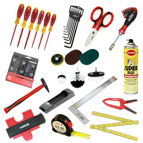 sopomarkt24 Werkzeug Set 62-tlg. – Wiha Schraubendreher VDE, Torx Schlüssel, Meister Bohrer, Hammer, Caramba Öl, Bithalter & Zubehör – Profi Werkzeugsatz für Heimwerker & Elektroarbeiten
