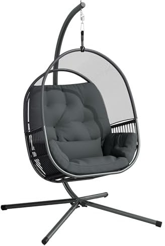 Outsunny Hanging Egg Chair Outdoor Indoor, Swing Hammock Chair with Stand, Cushions, Lumbar Pillow, Adjustable Height and Steel Frame for Garden Patio Lounge Porch, Dark Grey