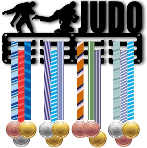 CREATCABIN Porte Médailles de Judo Présentoir Cordon Ruban 3 rangée Petit Crochet Mural en Métal Noir Décoration Montée Sur Cadre pour Suspendre 40 récompenses Ou Plus Athlètes Sportifs Course 29x13cm