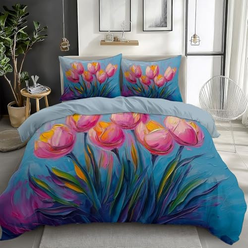 Générique Housse de Couette Enfant 220x240 cm Peinture À l'huile Tulipe Rose Parure de Lit 3D Imprimée Polyester Coton Housse Couette 1/2 Personne avec 2 Taie d'oreiller 65x65 cm