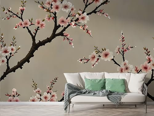 Boceoey Plum Flowers Flower Branch Wall Mural, Self-Adhesive Peel & Stick Wallpaper, Watercolor Japanese Flowers Design Photo Wallpaper for Living Room & Bedroom (300x210 cm), N-919