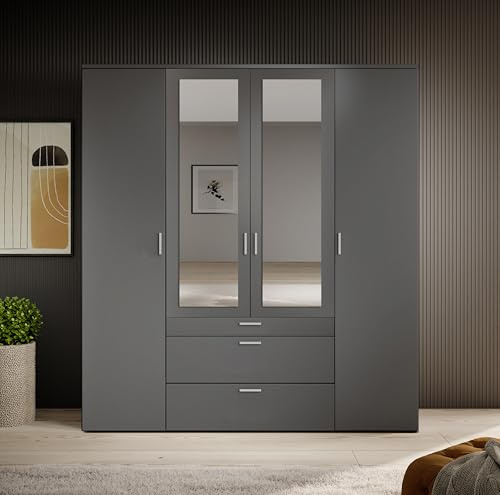 Arthauss Stylish Vesala 4 Hinged Door Wardrobe with Mirror – Graphite Matt W180 x H195 x D56 cm | Spacious Organised Storage with Drawers