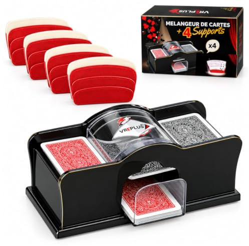 Vréplus Mélangeur de Cartes Manuel à Manivelle 2 Jeux+ 4 Supports,2 Plateaux – Mélange Rapide et Facile – Pack Poker, Blackjack, Jeux de Société, Soirées et Famille