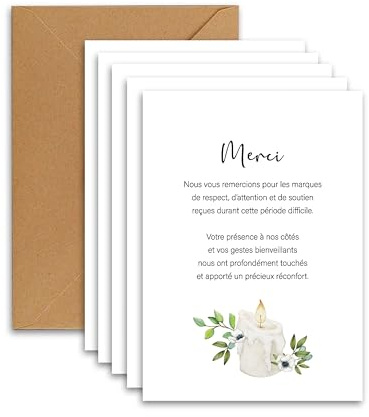 FloraVigo Lot de 25 cartes de condoléances + 25 enveloppes blanches - Cartes de remerciement pour deuil - Condoléances pour un décès, des funérailles ou un enterrement - Format A6 (14,8 x 10,5 cm)