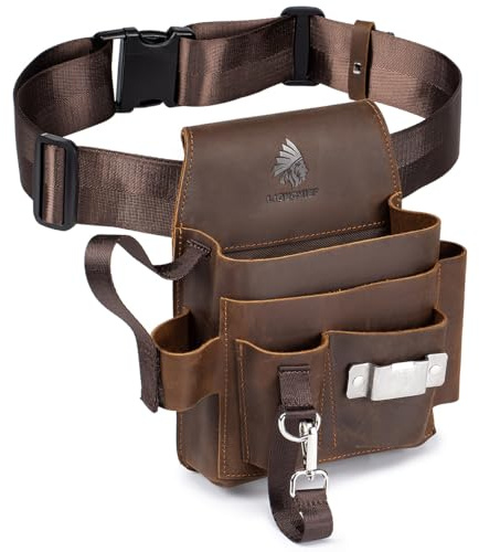 Genuine Leather Electrician Tool Pouch and Belt, Small Adjustable Leather Tool Belt with Multi-Pockets for Electricians, Brown