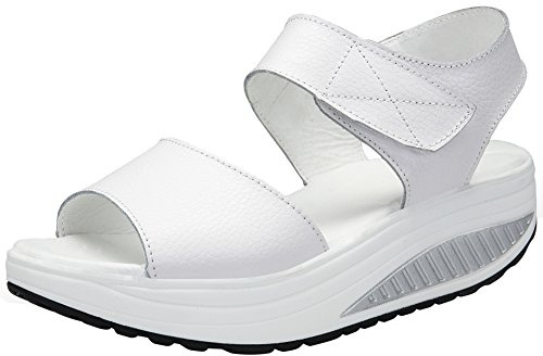 Mesing Sandalias Plataforma Mujer Verano Sandalias Cuña Comodas Cuero Peep Toe Zapatos Tacon para Caminar Blanco EU38