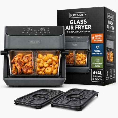 Olsen & Smith Smart 2200W 8L Dual Zone Air Fryer, WiFi & Glass Pot | WiFi Tuya App & Touch Control, Visible Cooking, Removable Divider, Presets for Meat Fish Fries & Baking, Dual Zone, 8L