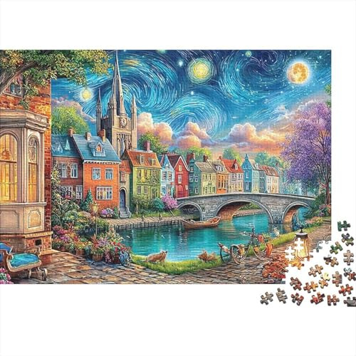 Sternennacht-Dorf-Puzzle aus Recyclingkarton, 1000 Teile, Kanalstadt-Szene, für Männer, Frauen, Erwachsene und Familien, 70 x 50 cm / 1000 Teile