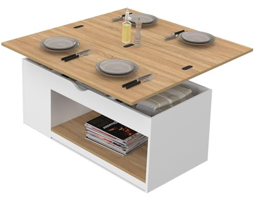 IDMarket - Table Basse Plateau relevable en Table à Manger ELEA Blanc/Bois | Rectangulaire, 100 x 50/100 x 42,5/52 cm, convertible en table à manger, bois blanc et plateaux façon hêtre