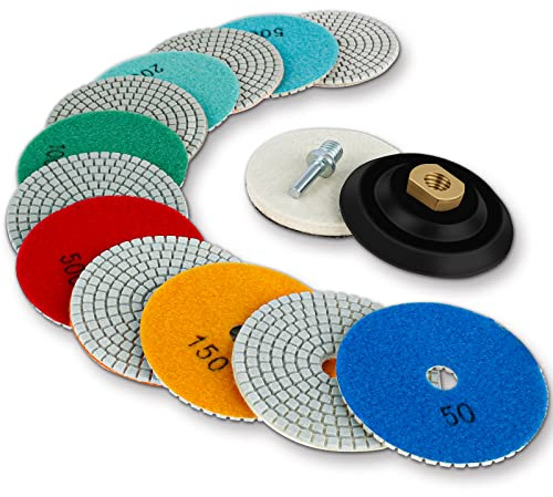 15PCS Diamond Polishing Pads Kit 4 Inch 100mm Wet/Dry Polishing Wheel Set for Granite, Marble, Concrete, Stone Mixed Grits 50-8000 with M14 Backing Pad & 8mm Drill Adapter for Angle Grinder & Drill
