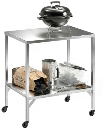 Outsunny Carrello barbecue, supporto forno pizza, piano acciaio, Argento | Ripiano, ruote bloccabili, tavolo BBQ rotante, isola carrello da cucina in metallo